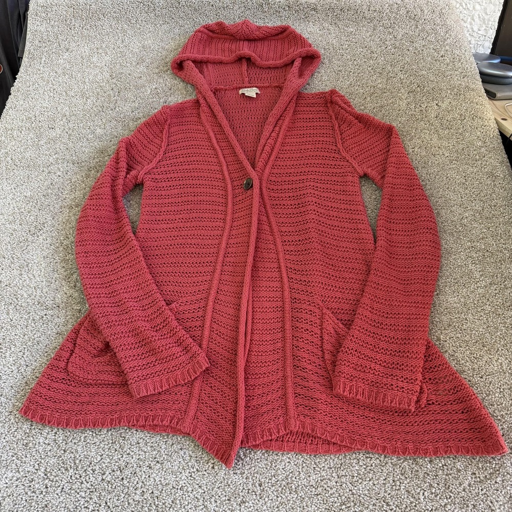 Lucky Brand Cardigan Sweater Womens L Pink Hooded Open-Knit Long Sleeve Pockets